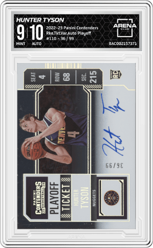 Hunter Tyson from the 2022-23 Panini Contenders set featuring a Playoff parallel graded by Arena Club and given an overall grade of 9.
