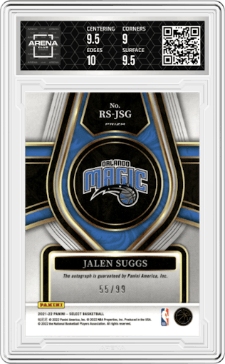 Jalen Suggs from the 2021-22 Panini Select set featuring a Neon Green parallel graded by Arena Club and given an overall grade of 9.5.