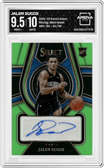 Jalen Suggs from the 2021-22 Panini Select set featuring a Neon Green parallel graded by Arena Club and given an overall grade of 9.5.
