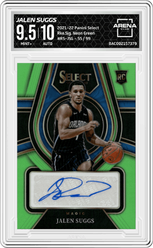Jalen Suggs from the 2021-22 Panini Select set featuring a Neon Green parallel graded by Arena Club and given an overall grade of 9.5.