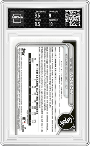George Wolkow from the 2024 Bowman set featuring a Purple parallel graded by Arena Club and given an overall grade of 9.