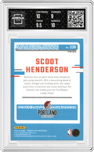 Scoot Henderson from the 2023-24 Donruss Optic set featuring a Checkerboard parallel graded by Arena Club and given an overall grade of 9.5.