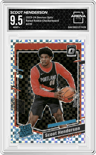 Scoot Henderson from the 2023-24 Donruss Optic set featuring a Checkerboard parallel graded by Arena Club and given an overall grade of 9.5.