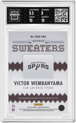 Victor Wembanyama from the 2023-24 Panini NBA Hoops set graded by Arena Club and given an overall grade of 8.5.
