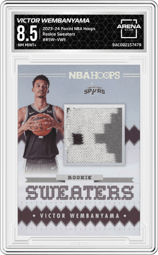 Victor Wembanyama from the 2023-24 Panini NBA Hoops set graded by Arena Club and given an overall grade of 8.5.