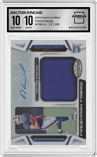 Dalton Kincaid from the 2023 Panini Certified set graded by Arena Club and given an overall grade of 10.