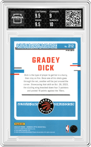 Gradey Dick from the 2023-24 Donruss Optic set featuring a Checkerboard parallel graded by Arena Club and given an overall grade of 9.5.