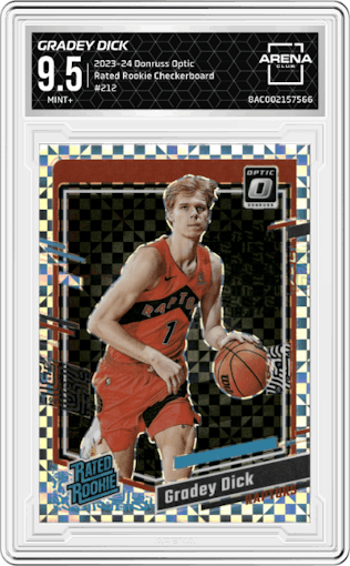 Gradey Dick from the 2023-24 Donruss Optic set featuring a Checkerboard parallel graded by Arena Club and given an overall grade of 9.5.