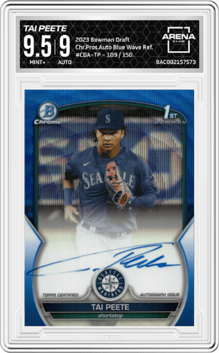 Tai Peete from the 2023 Bowman Draft set featuring a Blue Wave Refractor parallel graded by Arena Club and given an overall grade of 9.5.