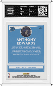 Anthony Edwards from the 2020-21 Panini Donruss Optic set featuring a Purple parallel graded by Arena Club and given an overall grade of 9.
