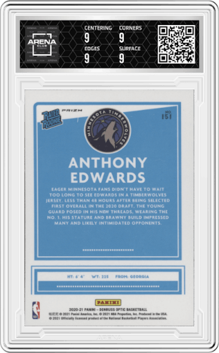 Anthony Edwards from the 2020-21 Panini Donruss Optic set featuring a Purple parallel graded by Arena Club and given an overall grade of 9.