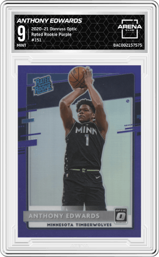Anthony Edwards from the 2020-21 Panini Donruss Optic set featuring a Purple parallel graded by Arena Club and given an overall grade of 9.
