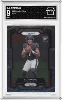 C.J. Stroud from the 2023 Panini Prizm set graded by Arena Club and given an overall grade of 9.