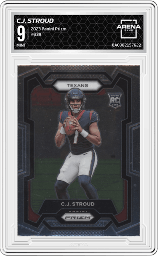 C.J. Stroud from the 2023 Panini Prizm set graded by Arena Club and given an overall grade of 9.