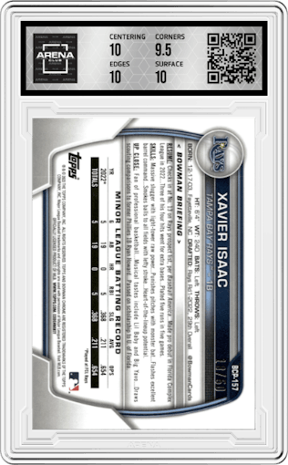 Xavier Isaac from the 2023 Bowman Chrome set featuring a Gold Shimmer Refractor parallel graded by Arena Club and given an overall grade of 10.