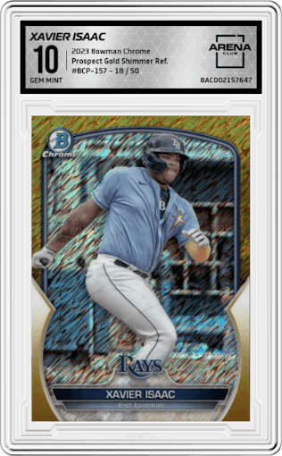 Xavier Isaac from the 2023 Bowman Chrome set featuring a Gold Shimmer Refractor parallel graded by Arena Club and given an overall grade of 10.