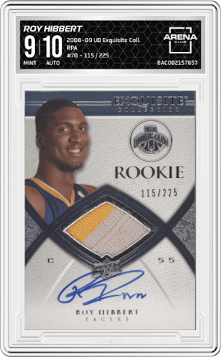Roy Hibbert from the 2008-09 Upper Deck Exquisite Collection set graded by Arena Club and given an overall grade of 9.
