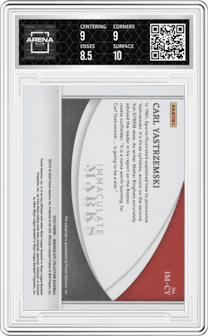 Carl Yastrzemski from the 2022 Panini Immaculate Collection set featuring a Green parallel graded by Arena Club and given an overall grade of 9.