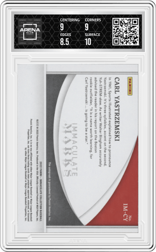 Carl Yastrzemski from the 2022 Panini Immaculate Collection set featuring a Green parallel graded by Arena Club and given an overall grade of 9.