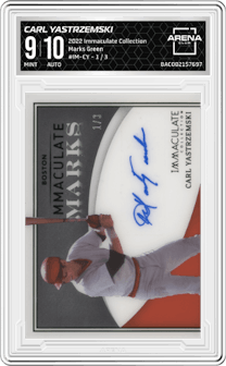 Carl Yastrzemski from the 2022 Panini Immaculate Collection set featuring a Green parallel graded by Arena Club and given an overall grade of 9.