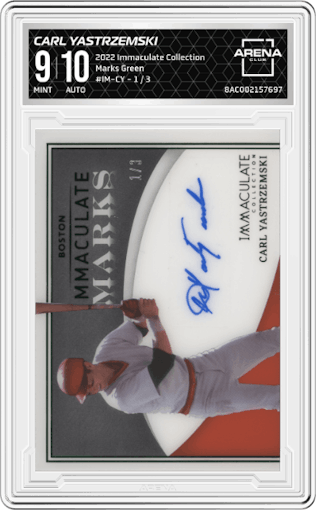 Carl Yastrzemski from the 2022 Panini Immaculate Collection set featuring a Green parallel graded by Arena Club and given an overall grade of 9.