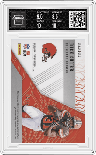 Nick Chubb from the 2018 Panini Phoenix set featuring a Orange parallel graded by Arena Club and given an overall grade of 9.