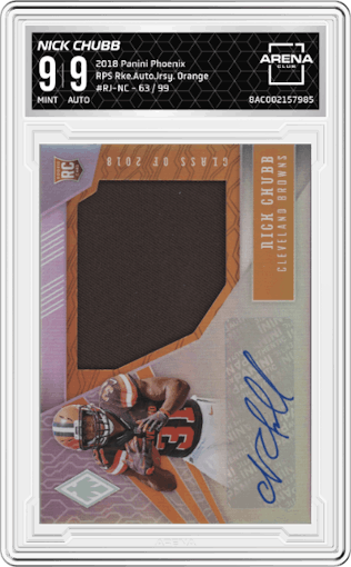 Nick Chubb from the 2018 Panini Phoenix set featuring a Orange parallel graded by Arena Club and given an overall grade of 9.