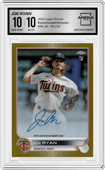 Joe Ryan from the 2022 Topps Chrome set featuring a Gold Refractor parallel graded by Arena Club and given an overall grade of 10.