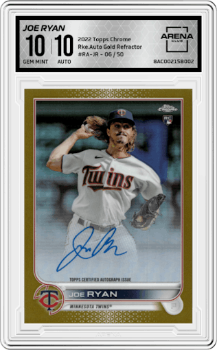 Joe Ryan from the 2022 Topps Chrome set featuring a Gold Refractor parallel graded by Arena Club and given an overall grade of 10.