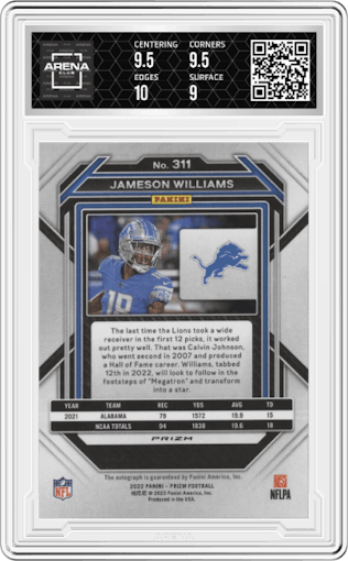 Jameson Williams from the 2022 Panini Prizm set graded by Arena Club and given an overall grade of 9.5.