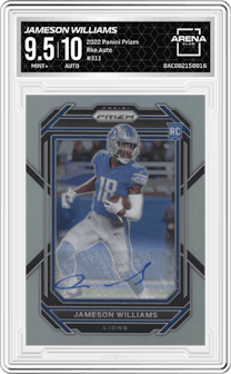 Jameson Williams from the 2022 Panini Prizm set graded by Arena Club and given an overall grade of 9.5.