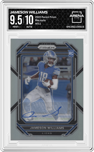 Jameson Williams from the 2022 Panini Prizm set graded by Arena Club and given an overall grade of 9.5.