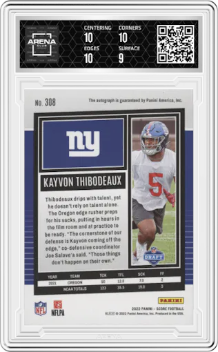 Kayvon Thibodeaux from the 2022 Panini Score set featuring a Gold Zone parallel graded by Arena Club and given an overall grade of 9.5.