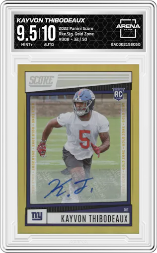 Kayvon Thibodeaux from the 2022 Panini Score set featuring a Gold Zone parallel graded by Arena Club and given an overall grade of 9.5.