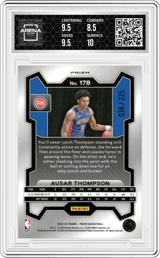 Ausar Thompson from the 2023-24 Panini Prizm set featuring a Teal Ice parallel graded by Arena Club and given an overall grade of 9.