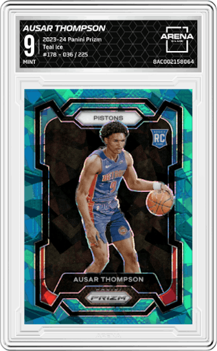 Ausar Thompson from the 2023-24 Panini Prizm set featuring a Teal Ice parallel graded by Arena Club and given an overall grade of 9.