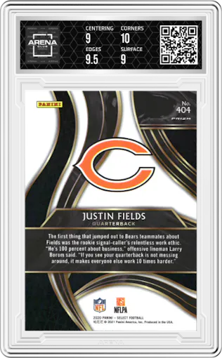 Justin Fields from the 2020 Panini Select set graded by Arena Club and given an overall grade of 9.5.