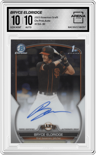 Bryce Eldridge from the 2023 Bowman Draft set graded by Arena Club and given an overall grade of 10.