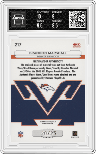 Brandon Marshall from the 2006 Leaf Certified Materials set featuring a Mirror Gold parallel graded by Arena Club and given an overall grade of 9.
