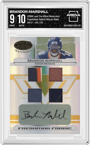 Brandon Marshall from the 2006 Leaf Certified Materials set featuring a Mirror Gold parallel graded by Arena Club and given an overall grade of 9.