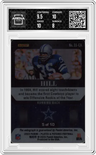 Calvin Hill from the 2023 Panini Plates & Patches set featuring a Gold parallel graded by Arena Club and given an overall grade of 8.5.