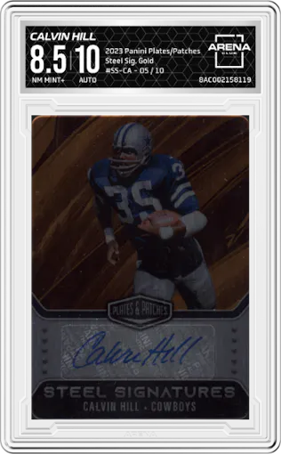 Calvin Hill from the 2023 Panini Plates & Patches set featuring a Gold parallel graded by Arena Club and given an overall grade of 8.5.