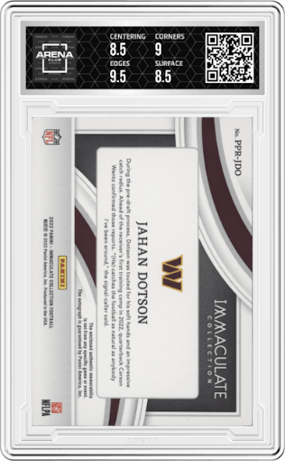 Jahan Dotson from the 2022 Panini Immaculate Collection set graded by Arena Club and given an overall grade of 9.