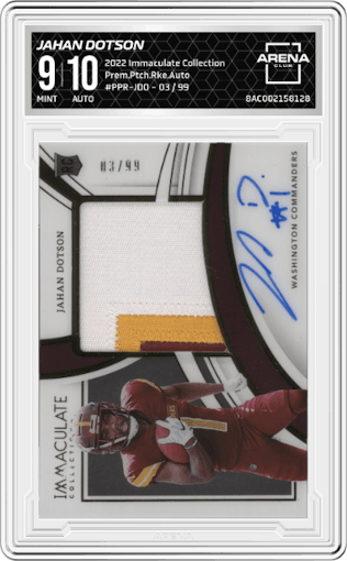 Jahan Dotson from the 2022 Panini Immaculate Collection set graded by Arena Club and given an overall grade of 9.