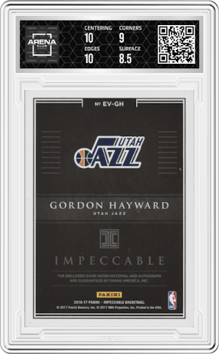 Gordon Hayward from the 2016-17 Panini Impeccable set graded by Arena Club and given an overall grade of 9.