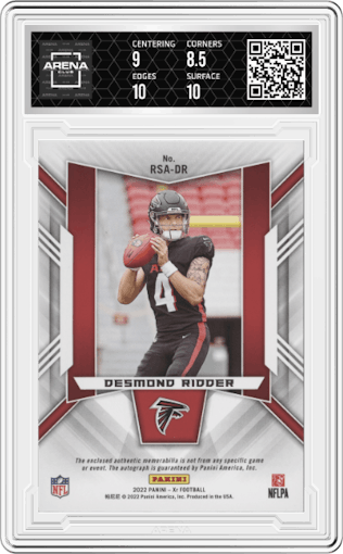 Desmond Ridder from the 2022 Panini XR set graded by Arena Club and given an overall grade of 9.