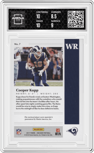 Cooper Kupp from the 2017 Panini Encased set featuring a Diamond parallel graded by Arena Club and given an overall grade of 9.