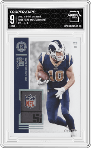 Cooper Kupp from the 2017 Panini Encased set featuring a Diamond parallel graded by Arena Club and given an overall grade of 9.