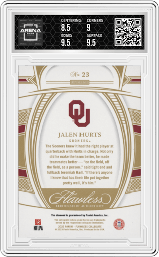Jalen Hurts from the 2023 Panini Flawless Collegiate set graded by Arena Club and given an overall grade of 9.