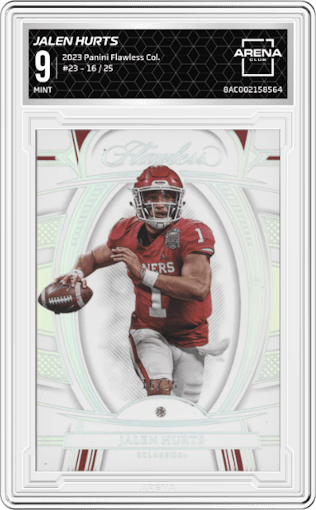 Jalen Hurts from the 2023 Panini Flawless Collegiate set graded by Arena Club and given an overall grade of 9.